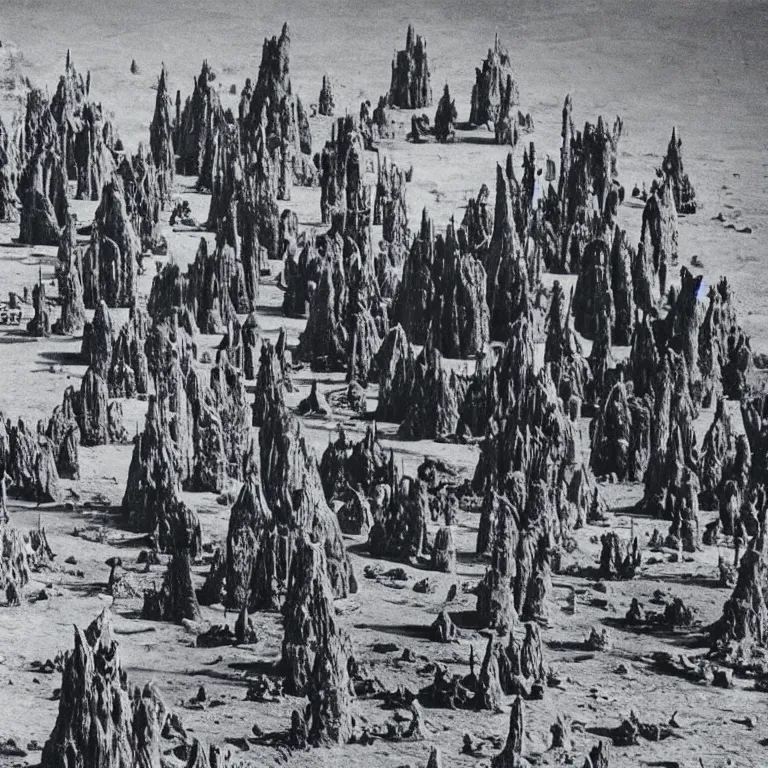 Prompt: old vintage photo of surreal spiky alien temple on exoplanet