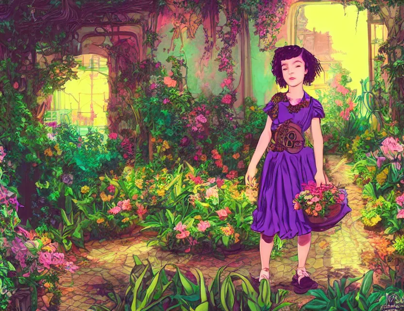 Prompt: little girl in steampunk vaporwave courtyard garden. complementary colors, gouache, indie concept art, bloom, chiaroscuro, backlighting, intricate details.