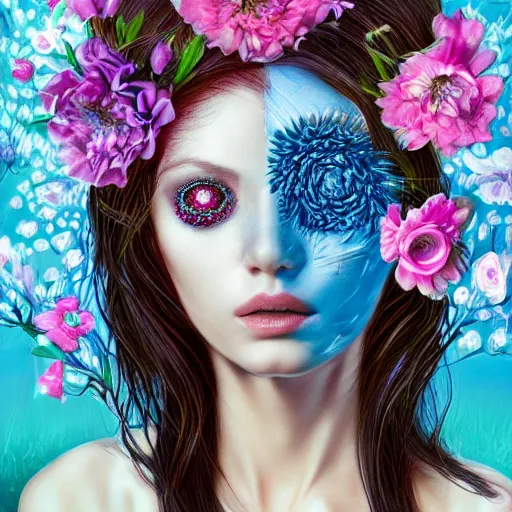 Prompt: a surreal woman portrait with the eyes covered by flowers blooming in her head, fantasy conceptual art, trending on artstation, hyperdetailed, blue crystal clear colours, ultrarealistic