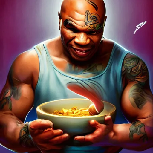 Prompt: mike tyson hungrily reaching into a bowl full of magic mushrooms, artgerm, artstation