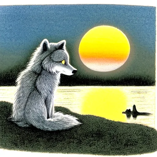 Image similar to view from behind of fluffy baby grey wolf sitting on the shore of a pond, looking out at a sunset, award winning illustration by maurice sendak and don freeman