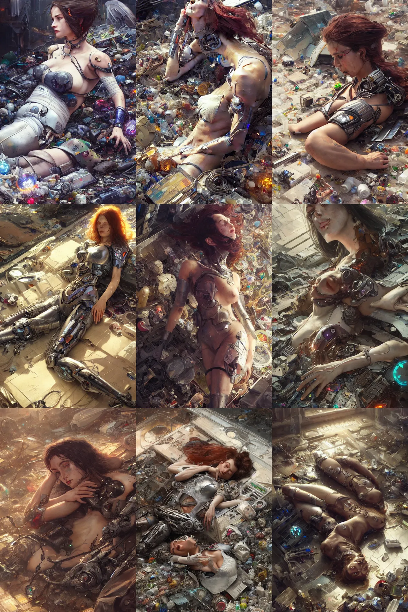 Prompt: Ultra realistic, dead cyborg woman lying among the garbage , cyberpunk, sci-fi, fantasy, intricate, elegant, highly detailed, digital painting, artstation, concept art, smooth, sharp focus, illustration, art by artgerm and greg rutkowski and alphonse mucha