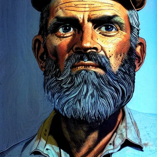 Prompt: Moebius portrait of an old space mine worker, bearded, incredible details, ecstatic facial expression, dignified, trustworthy eyes, tears