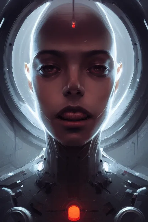 Image similar to professional concept art symmetrical portrait of a ominous floating!! mechanical ai terrifying!! thing in a dark room by artgerm and greg rutkowski. an intricate, elegant, highly detailed digital painting, concept art, smooth, sharp focus, illustration, in the style of cam sykes.