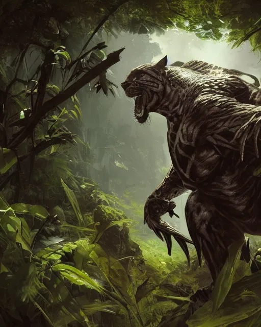 Image similar to Panther warrior in armor sneaking in jungle, portrait, magic the gathering artwork, D&D, fantasy, cinematic lighting, centered, symmetrical, highly detailed, digital painting, artstation, concept art, smooth, sharp focus, illustration, volumetric lighting, epic Composition, 8k, art by Akihiko Yoshida and Greg Rutkowski and Craig Mullins, oil painting, cgsociety