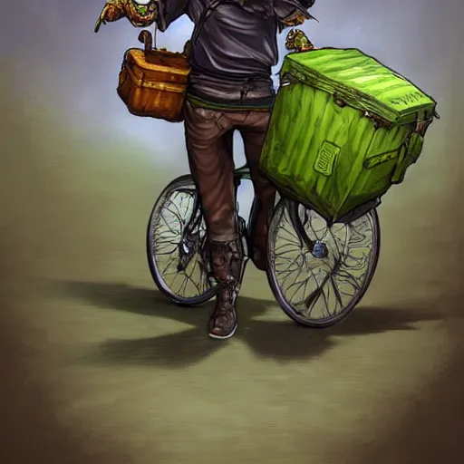 Image similar to a bearded and long haired bicycle food delivery worker with a green bag on his back in rossio lisbon, he has boots, hearthstone art style, epic fantasy style art by kim jung gi, fantasy epic digital art