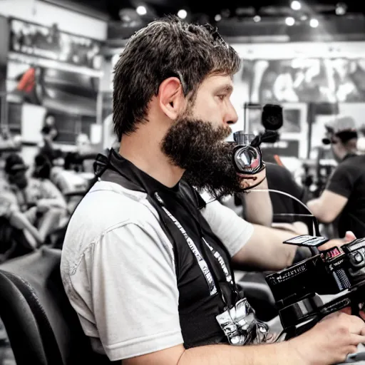 Image similar to ruggedly handsome gimbal camera operator getting the action shot at a video game tournament. photorealistic, high quality, intricate details