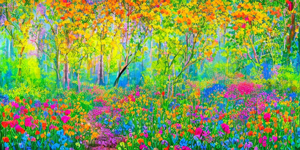 Prompt: luxurious primeval forest, flowers in bloom, colorful, peaceful, serene, colorful birds, in the style of André Chéret,