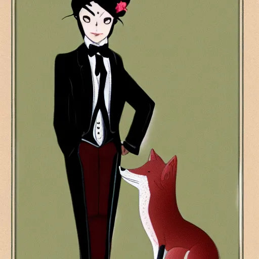 Image similar to male fox wearing tuxedo, anime style, victorian era