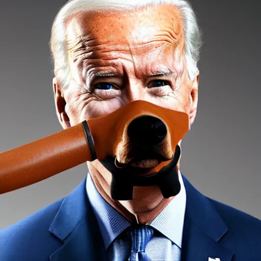 Image similar to uhd candid photo of joe biden wearing a dog muzzle, with accurate face, real dog muzzle, uhd, studio lighting, correct face, photo by annie leibovitz