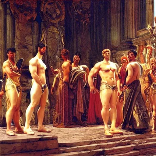 Image similar to hercules gives achilles the side - eye while they wait in line to worship at zeus's feet, throne of olympus, heavenly marble, gods and goddesses in elegant clothes, painting by gaston bussiere, craig mullins, j. c. leyendecker, tom of finland