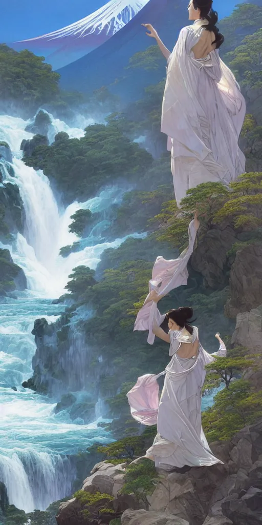 Prompt: Mt. Fuji beside the Great waterfalls of Niagara, elegant, highly detailed, digital painting, artstation, concept art, smooth, sharp focus, illustration, ArtStation, art by artgerm and greg rutkowski and alphonse mucha and J. C. Leyendecker and Edmund Blair Leighton and Charlie Bowater