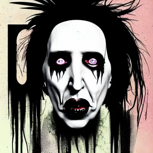 Prompt: graphic illustration, creative design, marilyn manson as alice cooper, biopunk, francis bacon, highly detailed, hunter s thompson, concept art