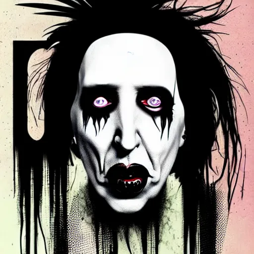 Image similar to graphic illustration, creative design, marilyn manson as alice cooper, biopunk, francis bacon, highly detailed, hunter s thompson, concept art