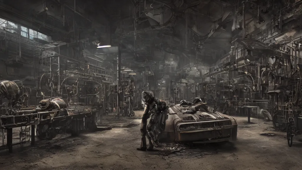 Prompt: a photorealistic dramatic hyperrealistic life in a cyborg factory, ultra realistic details, glossy surface, well worn, rust, oil stains designed by vitaly bulgarov and mike nash, beautiful dramatic dark moody tones and lighting, cinematic atmosphere, global illumination, shadows, dark background, octane render, 8 k