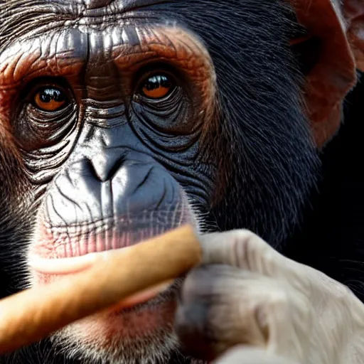 Image similar to a high detail closeup shot of a chimp wearing a suit, smoking a cigar