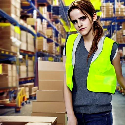 Image similar to photo, close up, emma watson in a hi vis vest, in warehouse, android cameraphone, 2 6 mm, low resolution,