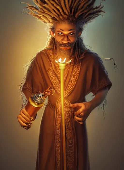 Prompt: an anthropomorphic beautiful male wizard portrait holding torch wearing batik robe, dreadlock breed hair, fine art, award winning, intricate, elegant, sharp focus, octane render, hyperrealistic, cinematic lighting, highly detailed, digital painting, 8 k concept art, art by jamie hewlett and z. w. gu, masterpiece, trending on artstation, 8 k