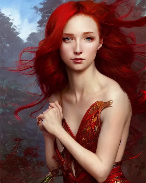 Prompt: Red haired Goddess, holds a spark of all creation in her hands, a tiny red dragonlet, intricate dress, wide angle, intricate, elegant, overdetailed, professional digital painting, artstation, concept art, smooth, sharp focus, 8K, art by artgerm and greg rutkowski and alphonse mucha and loish and WLOP