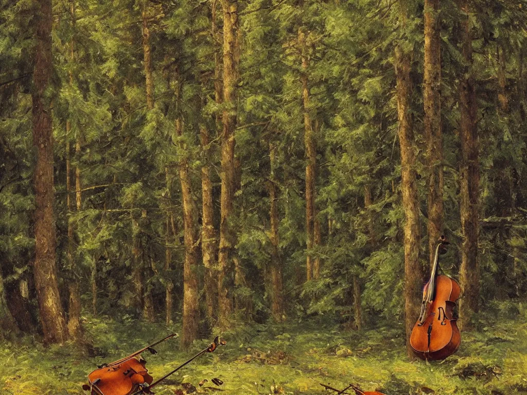Image similar to forest scene with a single cello leaning on a tree, intricate, beautiful, highly detailed, elegant, artstation, concept art, smooth and sharp focus, illustration, painting by ivan shishkin and isaak ilyich levitan