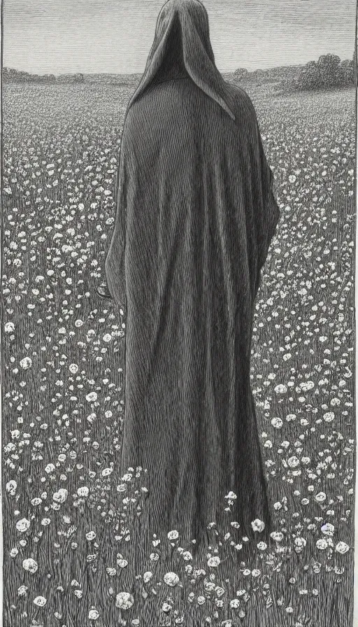 Image similar to grim reaper with no face at distance in beautiful meadow of flowers, detailed pencil illustration by gustave dore, highly detailed, centered, high resolution, smooth, sharp focus, illustration