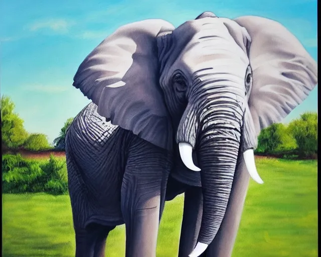 Image similar to an elephant painting a beautiful picture of an elephant while standing outside in a park on a sunny day, octane, shot on an iphone,