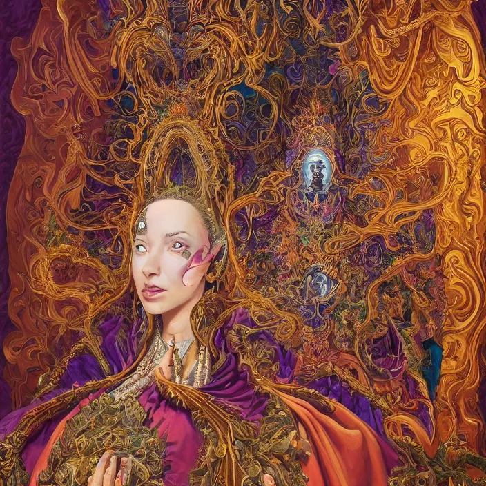 Image similar to beautiful oil painting, full length portrait of dauphinois in baroque coronation robes 1701, Dan Mumford, Dan Mumford, Alex grey, hyacinthe rigaurd, highly detailed , lsd visuals, dmt fractal patterns, hallucinogen, visionary art, psychedelic art, ornate, vaporwave, baroque, Greg rutkowski