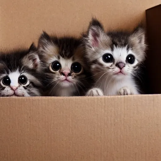 Image similar to cute fuzzy kittens in a cardboard box starting up at you with huge eyes, adorable, pixar