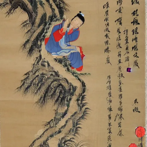 Prompt: the Chinese hands roll painting of scholars in mountains,ancient ,by Li Sixun and Wu Daozi