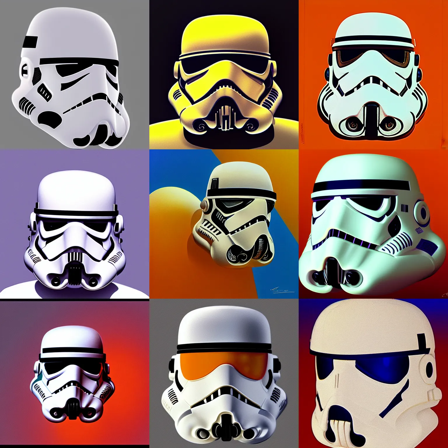 Prompt: Stormtrooper helmet by René Laloux, Jean Giraud, Mœbius, Moebius, orange, yellow, saturated, high quality scan, 8k, artstationhq, IAMAG
