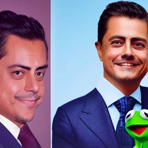 Prompt: Peña Nieto as a frog by Beeple with Kermit the frog