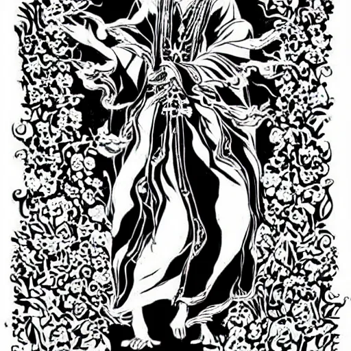 Image similar to black and white pen and ink!!!!!!! Suprani!!!!! wizard Nick Drake wearing High Royal flower print robes flaming!!!! final form flowing ritual royal!!! Contemplative stance Vagabond!!!!!!!! floating magic swordsman!!!! glides through a beautiful!!!!!!! Camellia!!!! Tsubaki!!! death-flower!!!! battlefield behind!!!! dramatic esoteric!!!!!! Long hair flowing dancing illustrated in high detail!!!!!!!! by Hiroya Oku!!!!!!!!! graphic novel published on 2049 award winning!!!! full body portrait!!!!! action exposition manga panel black and white Shonen Jump issue by David Lynch eraserhead and beautiful line art Hirohiko Araki!! Frank Miller, Kentaro Miura!, Jojo's Bizzare Adventure!!!! 3 sequential art golden ratio technical perspective panels horizontal per page