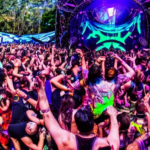 Prompt: Psytrance festival scene with people dancing