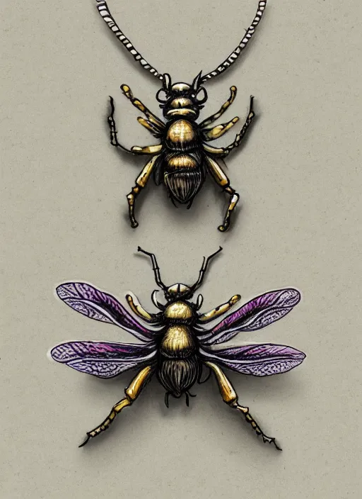 Image similar to concept art of small insect pendant, fantasy illustration, medieval era, blank fantasy background, hand - drawn, 4 k, trending on artstation, symmetry