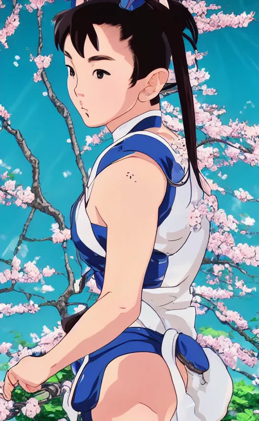 Prompt: an ultrawide photo of chun li standing in front of sakura trees, studio ghibli concept art, detailed, beautiful face, beautiful eyes, beautiful lighting, hdr, 4 k