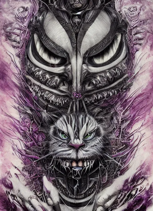 Image similar to cheshire cat, polynesian god, half skull half face, highly detailed, cinematic, 8 k, by megan duncanson, benjamin lacombe, adrian borda, stanley artgermm, tom bagshaw, craig mullins, carne griffiths, ayami kojima, beksinski, giger, trending on deviantart, hyper detailed, horror, full of colour