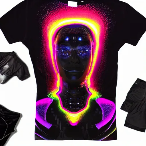 Image similar to photo of a black tshirt with a hyperdetailed portrait of a futuristic trippy cyberpunk dancing robot, 8 k, symetrical, flourescent colors, multicolored tshirt art,