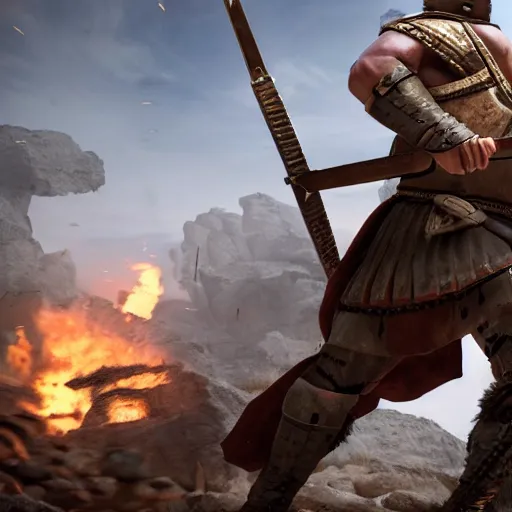 Image similar to a roman solider going into battle with a face that is angry and one that of breavey, 4 k, unreal engine 6, very detailed, high quality, highly rendered