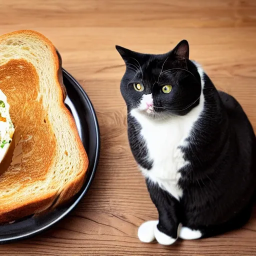 Prompt: obese cat sitting next to a slice of toast with indomie mi goreng noodles on top