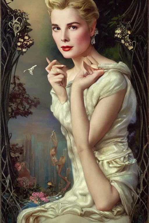 Image similar to A young and extremely beautiful Grace Kelly explaining the birds and the bees by Tom Bagshaw in the style of a modern Gaston Bussière, art nouveau, art deco, surrealism. Extremely lush detail. Night scene. Perfect composition and lighting. Profoundly surreal. Lush surrealistic photorealism. Sultry and mischevious expression on her face.