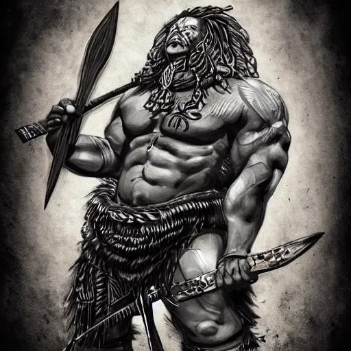 Prompt: goliath barbarian, with a two handed axe, tribal tattoos, very muscular, large fists, fantasy, d & d, intricate, detailed 4 k, trending on artstation, smooth, sharp focus