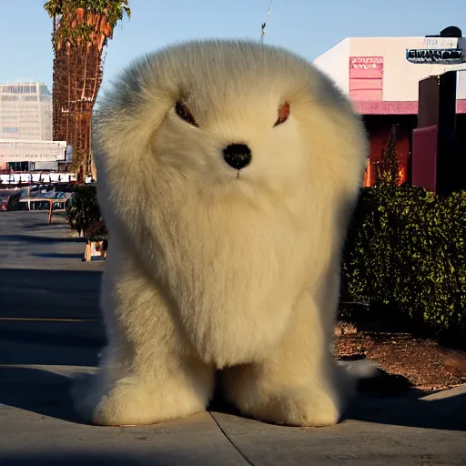 Prompt: LOS ANGELES CA, JAN 8 2010: One of the most fluffy friendly huge huggable creatures that emerged from the opening of the portal.