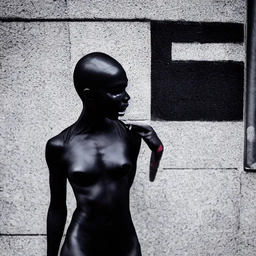 Image similar to fashion photography of a black alien model, short hair, wearing demobaza fashion, inside berghain, berlin fashion, futuristic fashion, dark minimal outfit, photo 3 5 mm leica, hyperdetail, berghain, 8 k, very detailed