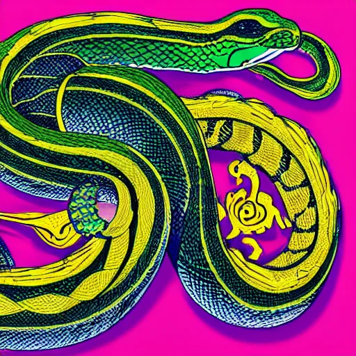 Image similar to a snake biting itself in the center of a tarot card with intricate details in the frames, colors: green, violet, blue, yellow, 4k, high quality render.