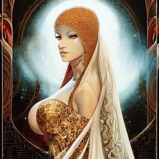 Prompt: a beautiful woman wearing a white niqab made of silk with golden jewelry and diamonds by alex gray and android jones, karol bak, ayami kojima, arabian, concept art, fantasy