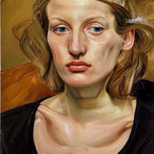 Image similar to high quality high detail painting by lucian freud, hd, portrait of a blonde, photorealistic lighting