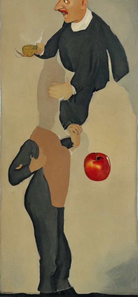 Image similar to painting of a bald man from the 1 9 3 0 looking at an apple with an amazed expression