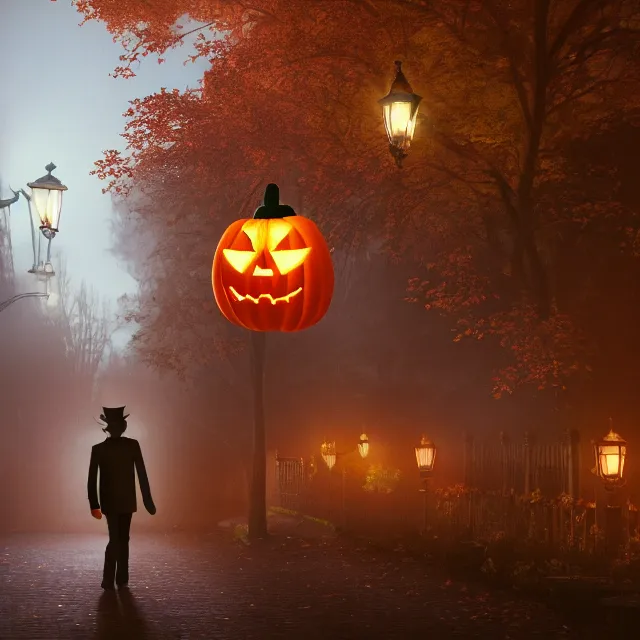 Image similar to night time jack o lantern man walking in a colonial street on halloween, over the garden wall pottsfield, tall maple trees along street, chimneys on buildings, old street lamps, pumpkin people walking, fall foliage, over the garden wall, light cinematic, volumetric, realistic, cinematic lighting, ray tracing, unreal engine 5, octane render, hyper realistic, 8 k