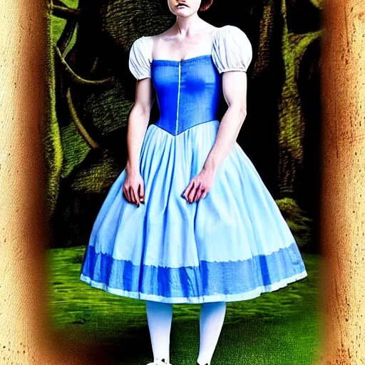 Image similar to beautiful full body portrait of cute alice in wonderland. played by daisy ridley, middle aged, atmospheric, wearing strap shoes, blue white dress