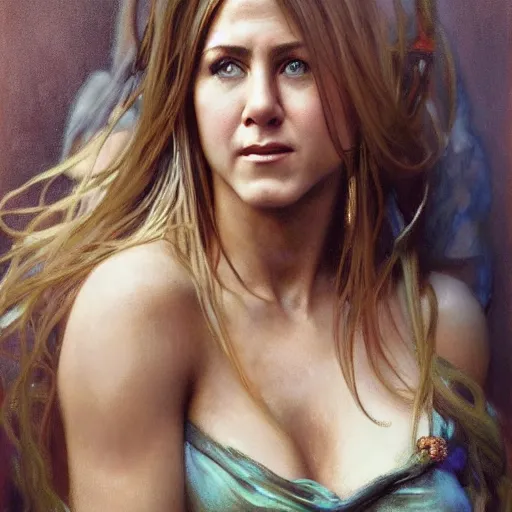 Image similar to hyperrealist photo of jennifer aniston as lady godiva. by jeremy mann and alphonse mucha, fantasy art, photo realistic, dynamic lighting, artstation, poster, volumetric lighting, very detailed faces, 4 k, award winning